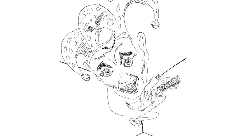 Der Gaukler mit der Scharre – eine Tuschzeichnung, eine Illustration aus meinem Buch "Durch die Raumakustik muss ein Ruck gehen". Der Gaukler scheint, mit gespreizten Beinen im Sprung, in den Raumkanten zu schweben, schaut mit weit aufgerissenem Mund und weit aufgerissenen Augen den Betrachter an – und dreht in einer Hand eine Ratsche. Auf dem Kopf trägt der Gaukler eine drei-zipfelige Mütze mit Glöckchen.