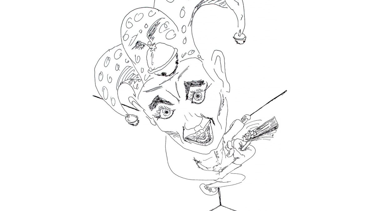 Der Gaukler mit der Scharre – eine Tuschzeichnung, eine Illustration aus meinem Buch "Durch die Raumakustik muss ein Ruck gehen". Der Gaukler scheint, mit gespreizten Beinen im Sprung, in den Raumkanten zu schweben, schaut mit weit aufgerissenem Mund und weit aufgerissenen Augen den Betrachter an – und dreht in einer Hand eine Ratsche. Auf dem Kopf trägt der Gaukler eine drei-zipfelige Mütze mit Glöckchen.