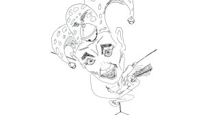 Der Gaukler mit der Scharre – eine Tuschzeichnung, eine Illustration aus meinem Buch "Durch die Raumakustik muss ein Ruck gehen". Der Gaukler scheint, mit gespreizten Beinen im Sprung, in den Raumkanten zu schweben, schaut mit weit aufgerissenem Mund und weit aufgerissenen Augen den Betrachter an – und dreht in einer Hand eine Ratsche. Auf dem Kopf trägt der Gaukler eine drei-zipfelige Mütze mit Glöckchen.