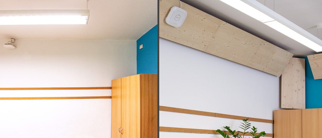 Im Vergleich vorher/nachher ist dieselbe Ecke eines Raumes als Halbdetail zu sehen, links ohne jegliche akustische Ausstattung, rechts mit dem ReFlx®-System.